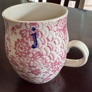 Anthropologie Floral Pink Ceramic Mug with Blue Initial J